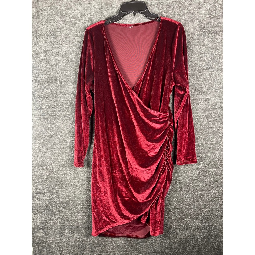 Burgundy Velvet Wrap Dress Long Sleeve Ruched V-Neck Cocktail Midi XL Red Wine
